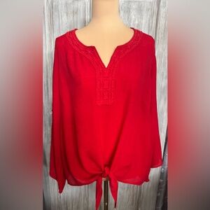Zac & Rachel Red Crochet Accent Tie Front Blouse (Size: 2X)